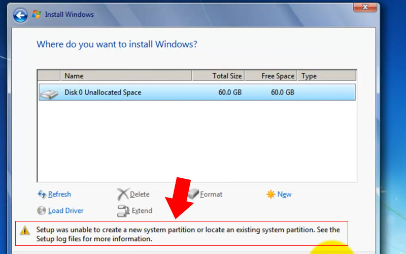 Lỗi Setup was unable to create a new system partition